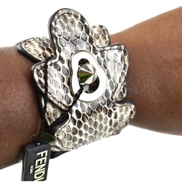 FENDI: Black, Python Leather & Stud Logo Bracelet - Picture 8 of 8
